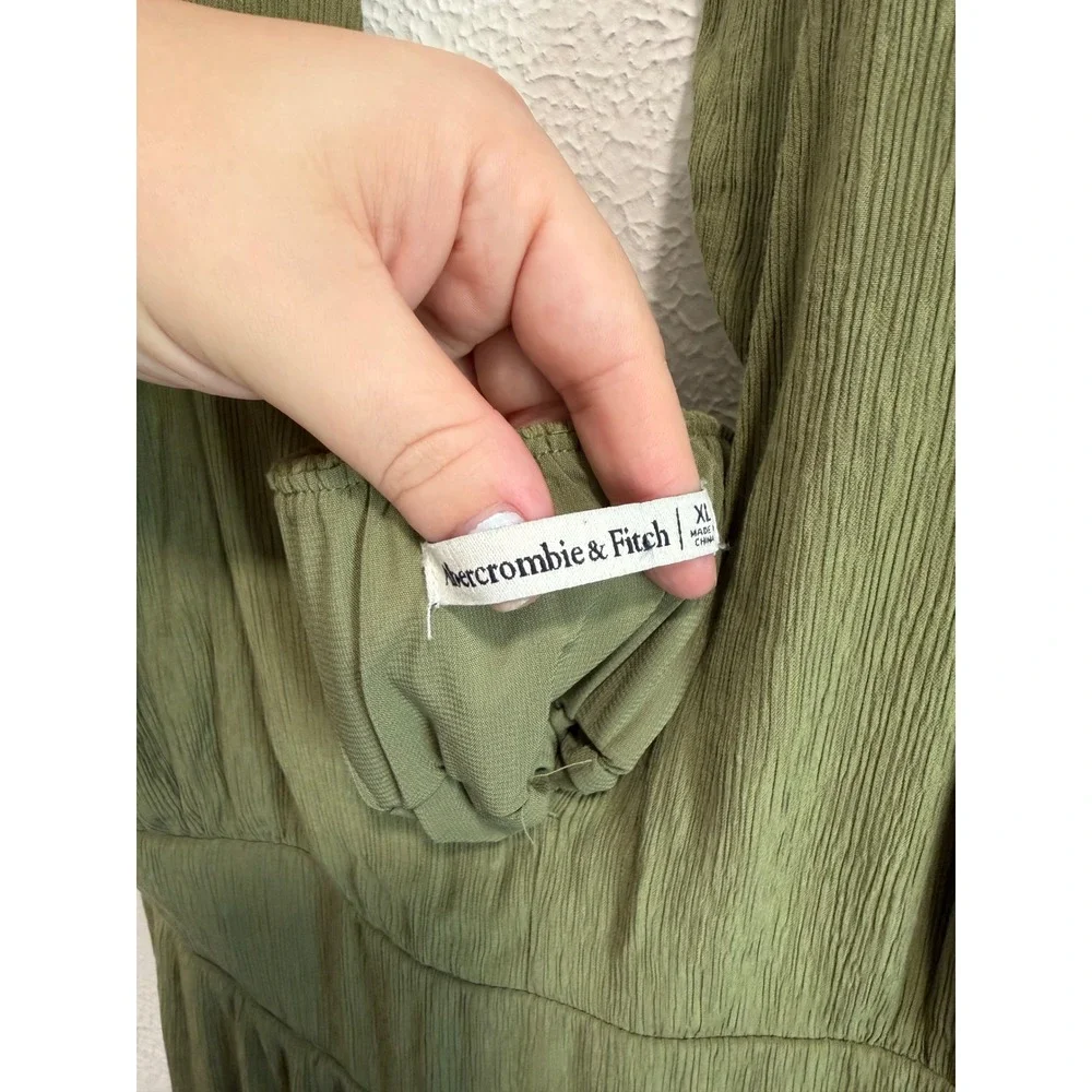 Abercrombie & Fitch Olive Green Halter Maxi Dress Textured V-Neck Slit XL Fall